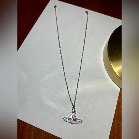 Vivienne Westwood Orb Necklace Pink & Aqua Crystal Pendant Silver Tone - Picture 4 of 6